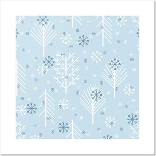 Pattern with winter forest and snowflakes Posters and Art